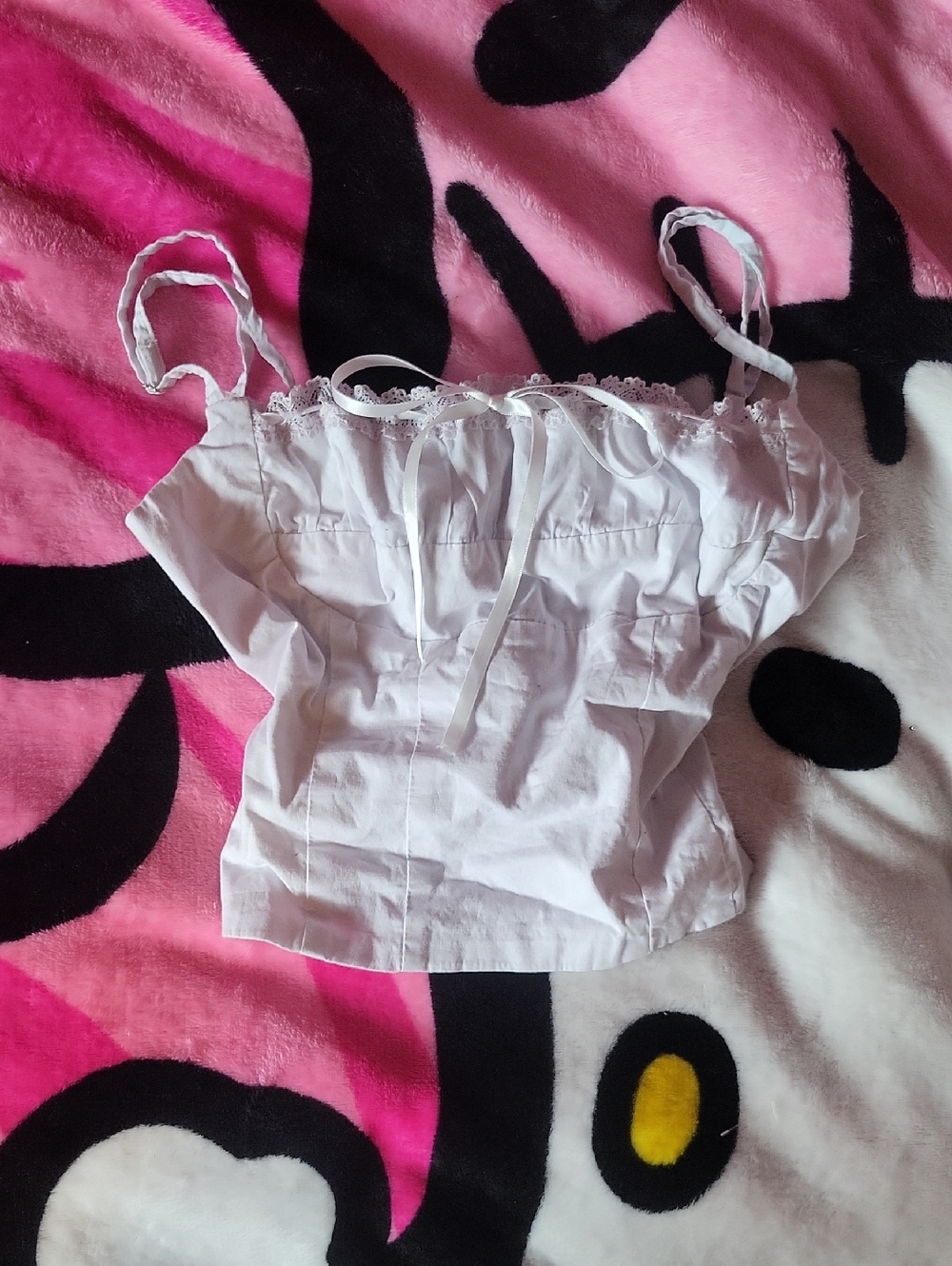 Edikted White Lace-Trim Cami with Ribbon Neckline size small